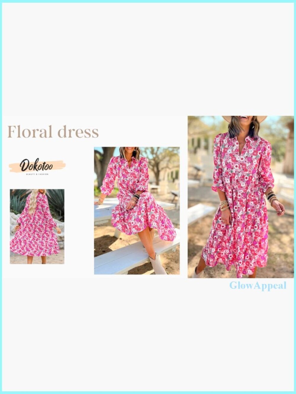 Long Sleeve V-Neck Floral Midi Dress, Bohemian Summer Beach Style - Picture 6 of 7